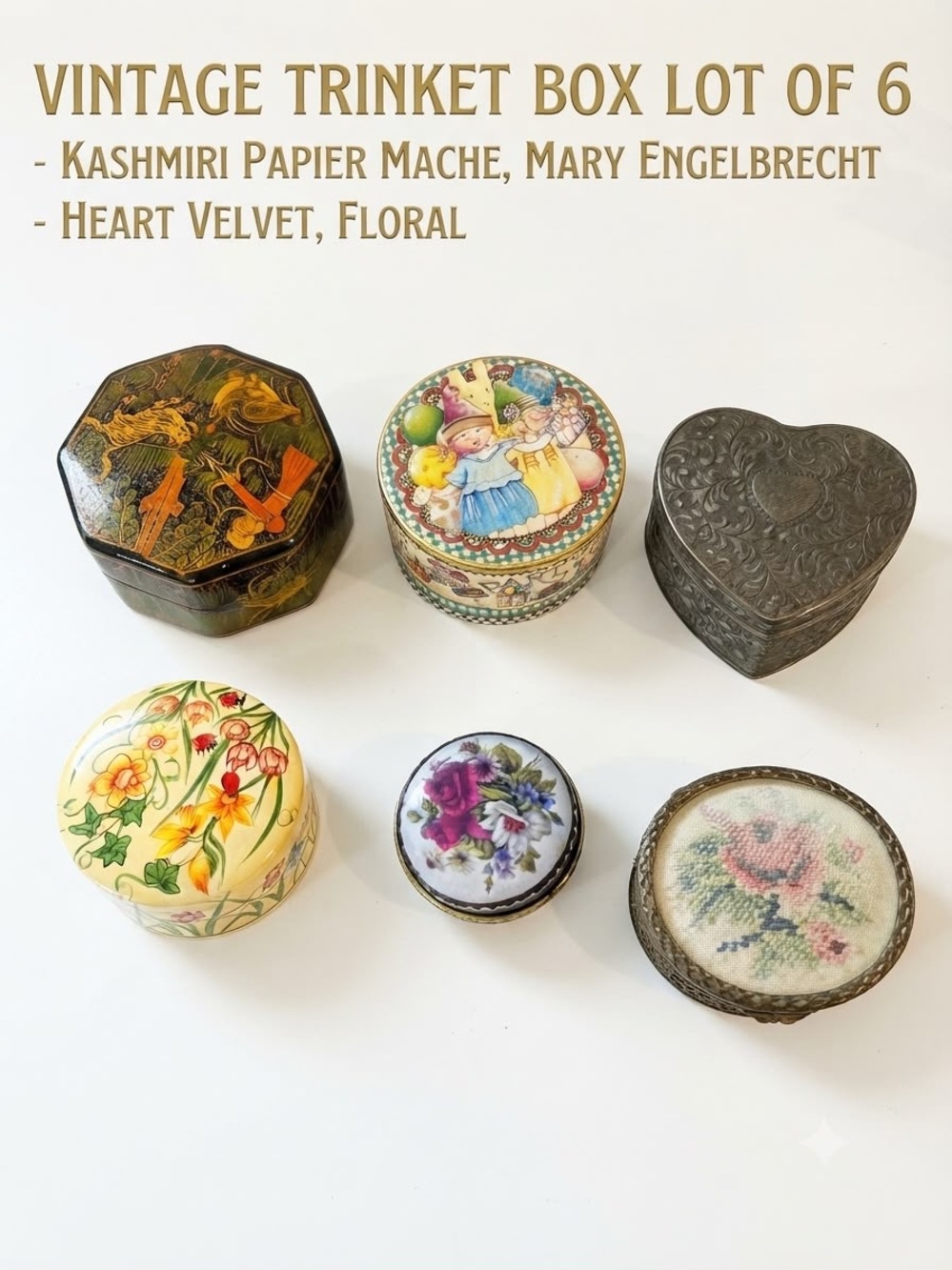 Vintage Box Lot- Kashmiri Papier Mache, Mary Engelbrecht, Heart Velvet, Floral